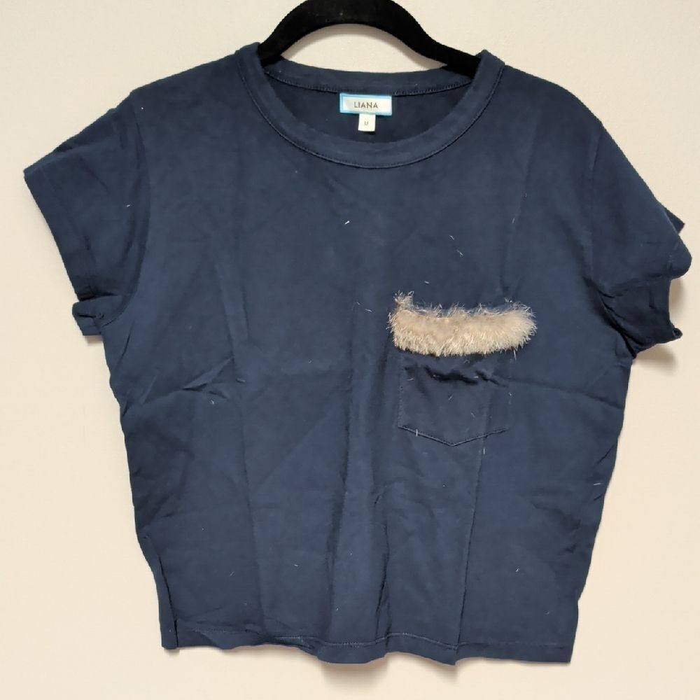 Liana Navy Blue Short Sleeve Tee With Faux Fur Trim